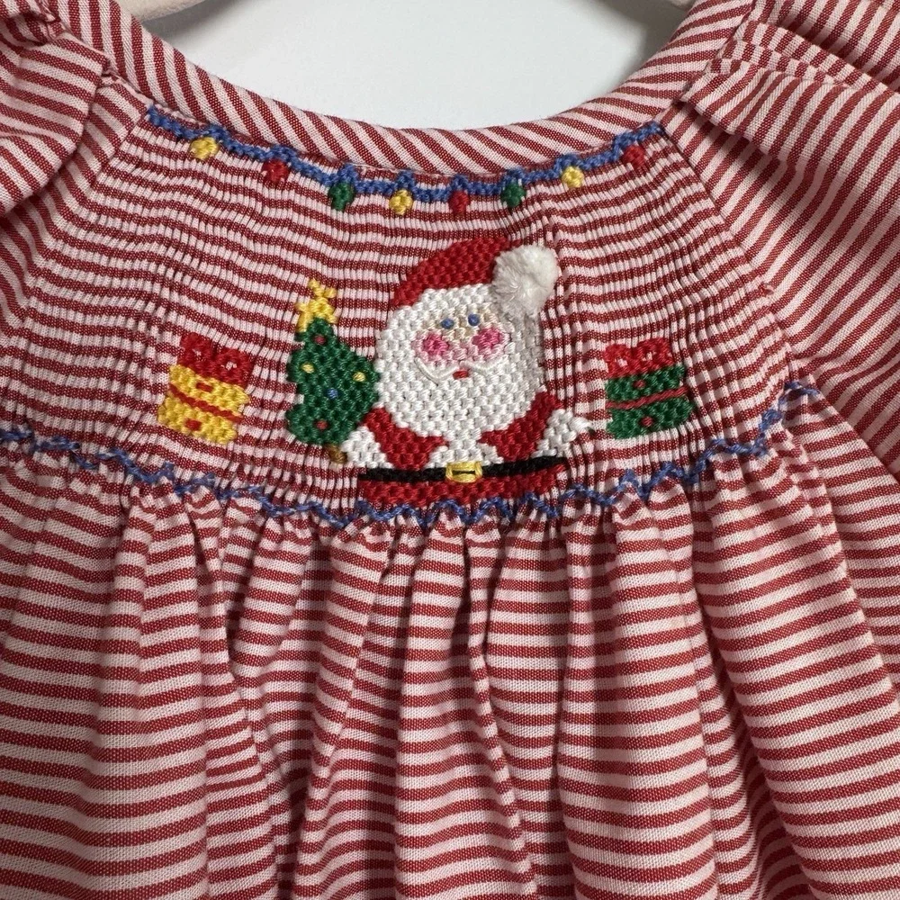 Smocked Giraffe Santa Christmas Dress Girls Size 4T Red White Stripes